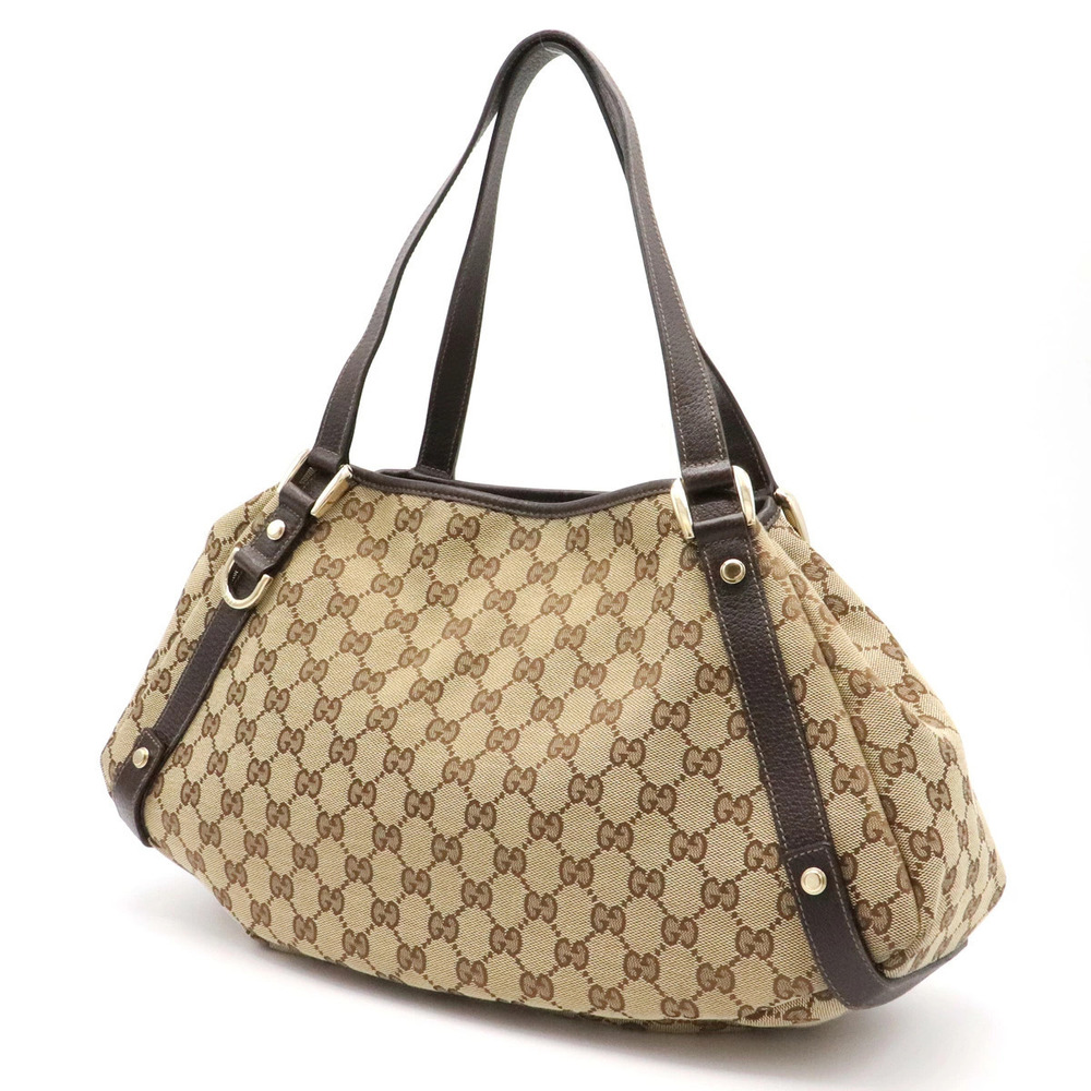 Gucci Leather Brown Canvas GG Shoulder Tote Bag Cream Beige Cream Tan